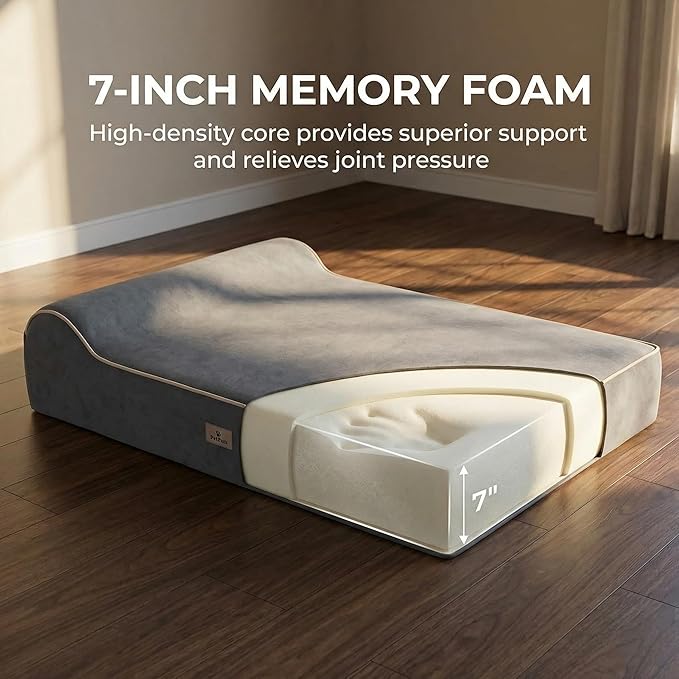 Jumbo Orthopedic Dog Bed for Large Dogs - 7-inch Thick Memory Foam Dog Bed with Pillow Removable Cover Machine Washable, Giant | 50 inch, Beige