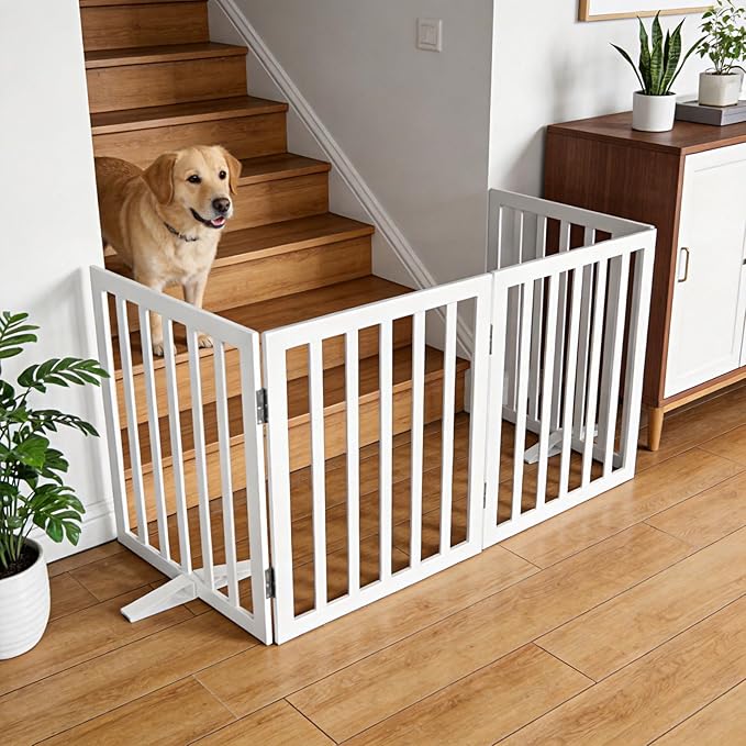 ZJSF Freestanding Indoor Dog Gate for House Foldable Wood White Puppy Gate for Doorways Pet Gate for Stairs Extra Wide Pet Fence 24" Height 4 Panels