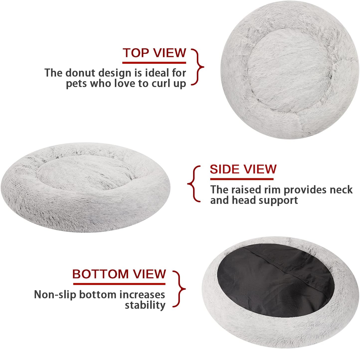 Bedfolks Calming Donut Dog Bed, 23 Inches Round Fluffy Dog Beds for Small Dogs, Machine Washable Anti-Anxiety Plush Puppy Bed（Light Grey, Small）