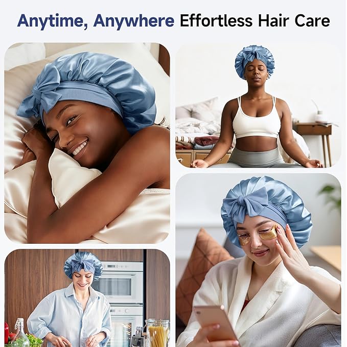 Umisleep Silk Bonnet, Soft Hair Bonnet for Sleeping, Real Mulberry Silk Lining, Bonnets for Women Hair Care, Double Layer Hair Cap with Tie, Large Silk Hair Wrap for Curly Long Hair, Blue
