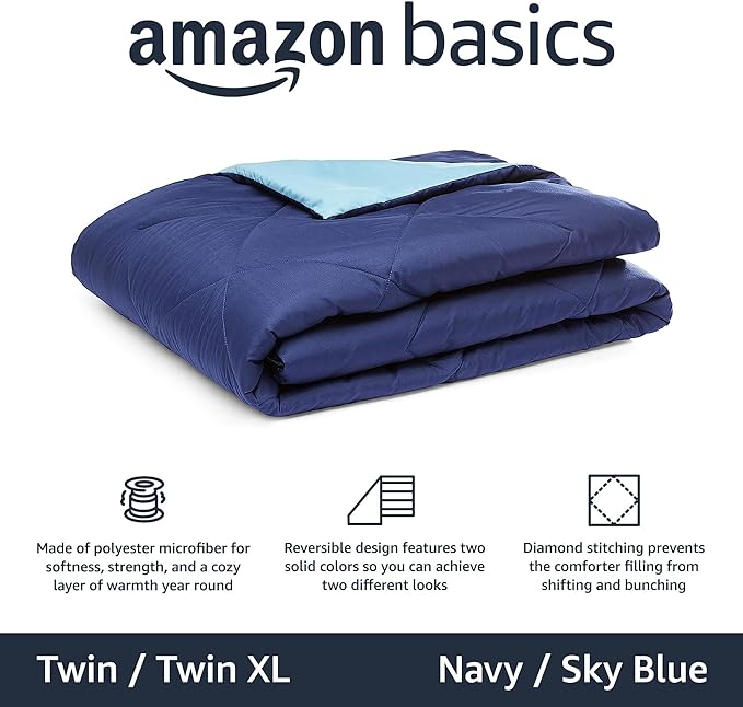 Amazon Basics Comforter Blanket Twin/Twin XL, Reversible Lightweight Microfiber All Season Blanket, Navy/Sky Blue