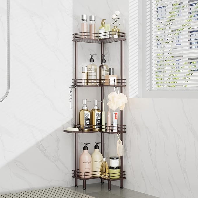 Consumest Corner Shower Caddy Standing - 4-Tier Stainless Steel Shower Organizer with Soap Holder and 4 Hooks, Large Capacity Corner Shelf Stand for Bathroom, Rest Room, Bronze