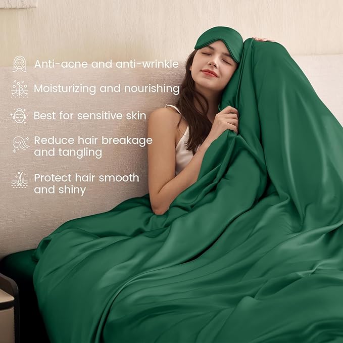 THXSILK 100% Pure Mulberry Silk Duvet Cover Set 3 Piece, 6A+ Grade Luxury Soft Bedding Silk Sheets for Hair and Skin, 1 Pcs Quilt/Comforter Cover with 2 Zippered Pillowcases (Emerald Green, Full)