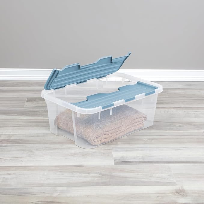 Sterilite 18 Pack Hinged Lid Storage Box, 40 Qt Plastic Container, Washed Blue - Home Organizer Tote for Storing Shoes, Crafts, Clothing, or Decor