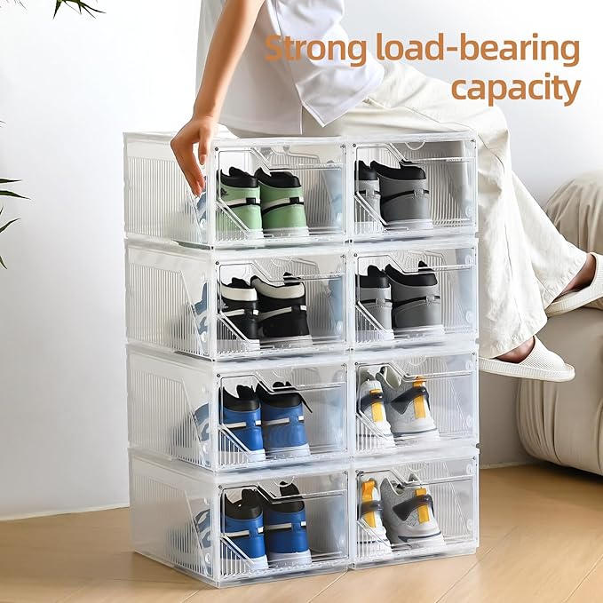Foldable Shoe Organizer,Shoe Storage Organizer,10 Pack Shoe Box Clear Plastic Stackable,Drop Front Shoe Box with magnetic Door, Containers For Sneaker,Fit up to US Size 15