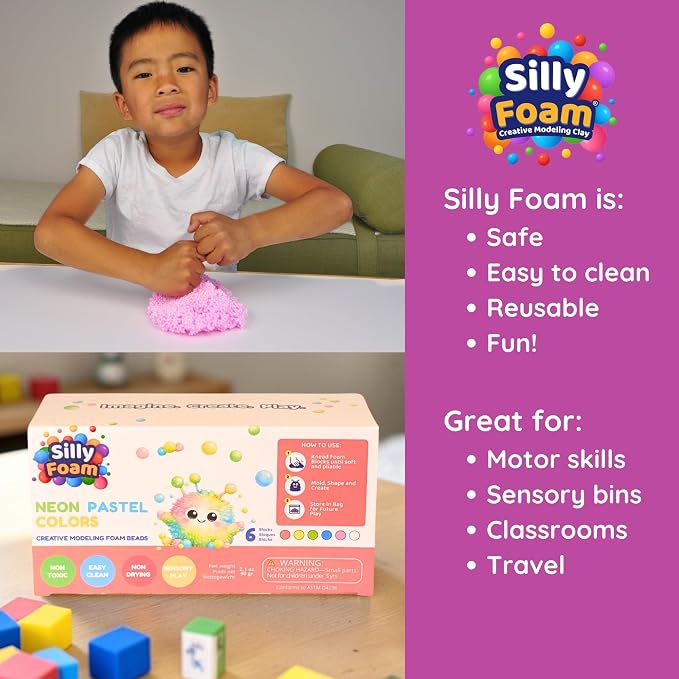 Silly Foam, Creative Modeling Foam Beads, 2-Pack of 6 Primary + 6 Neon Pastel Blocks, No-Slime No-Mess, Perfect for Preschool, Kids, Arts & Crafts, Sensory Play, STEM, Travel Toy, Non-Toxic (Age 3+)