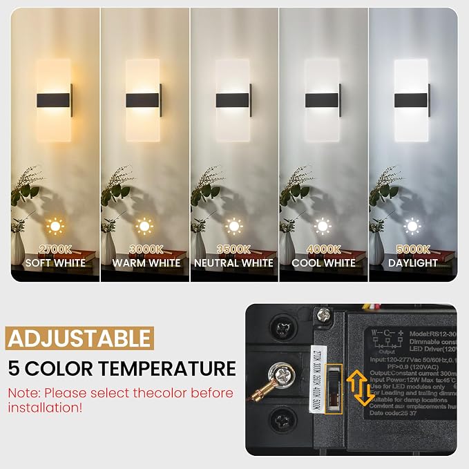 12 Inch Modern Black LED Wall Sconce, Indoor Dimmable Wall Lights, 12W
