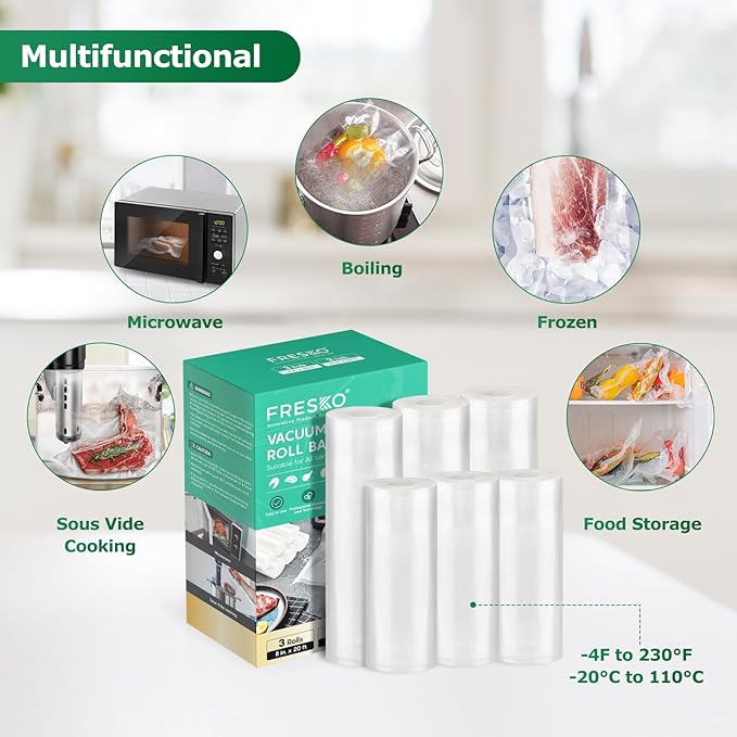 FRESKO Vacuum Sealer Bags Food Rolls 6 Packs - 8" x 20' & 11" x 20', Commercial Grade Seal a Meal Bags for Storage Food and Sous Vide, BPA Free, Customized Size for Vacuum Sealer