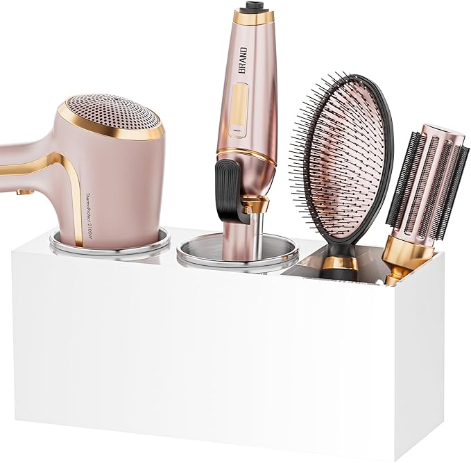 Hair Tool Organizer Acrylic: Hair Dryer Holder Wall Mount - Blow Dryer Holder Cabinet Door - Bathroom Countertop Organizer for Curling iron Hot Styling Tools Flat Iron - White