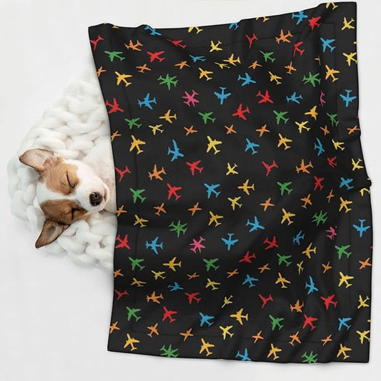 Pet Blanket for Car Rides Vet Visits, Colorful Aircraft Airplane Black, Two Sided Reversible Plush Design with Bumpy Dot Side Offers Comfort Home Piece On Go Travel