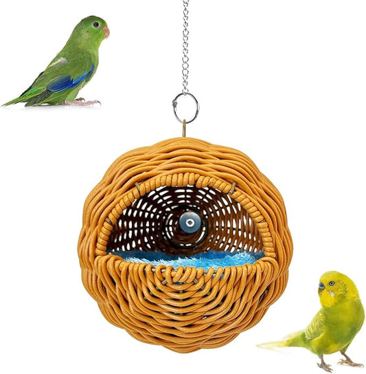 BNOSDM Rattan Bird Nest Parrot Nesting House Parakeet Hanging Swing Soft Lovebird Warm Bed Sleeping for Parrots Bird Cage Accessories for Cockatiels Budgerigars Finches Canaries (G-Hole Style)