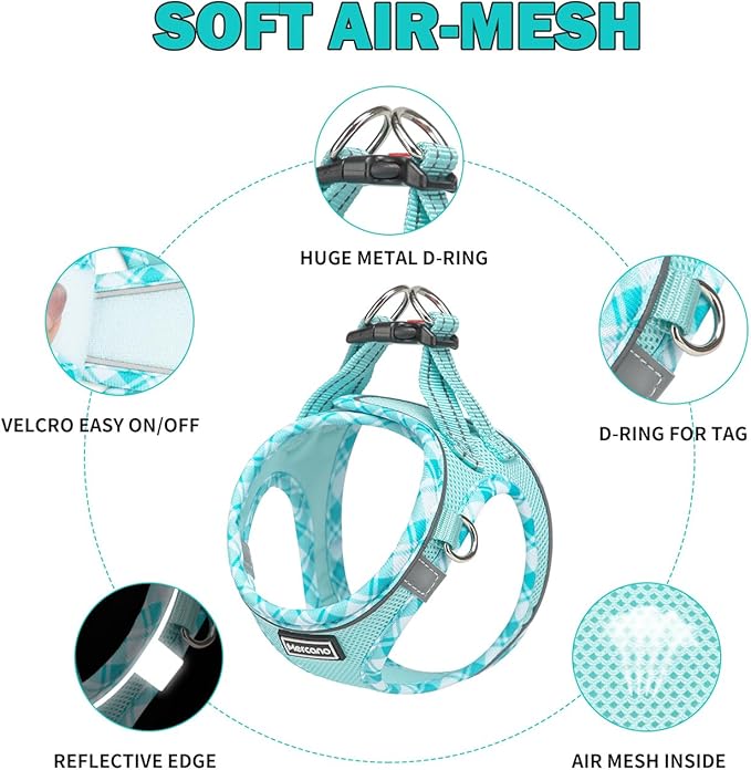 Mercano Soft Mesh Dog Harness and Leash Set, No-Chock Step-in Reflective Breathable Lightweight Easy Walk Vest Harnesses with Safety Buckle for Small Dogs, Cats (Light Blue, S)