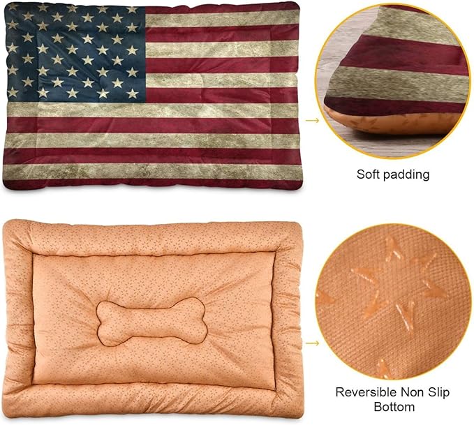 American Flag Dog Bed Mat, Cat Crate Pad with Non-Slip Bottom Washable Soft Pet Kennel Beds for Small Medium Large Dogs, 36"x24"