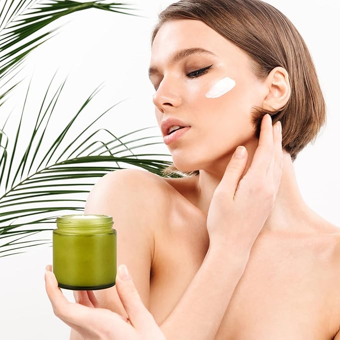 4oz Glass Jars with Lids, HOA Kinh 12 Pack Green Frosted Glass Jars with Lid Empty Cosmetic Containers Round Airtight Glass Jar with Black Lids for Storing Lotions, Powders, and Ointments