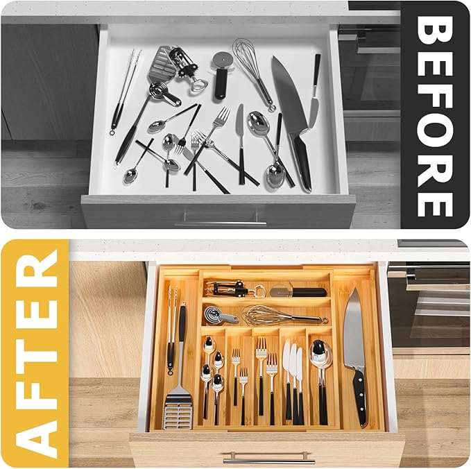 Utensil Organizer Silverware Tray For Drawer - Expandable Silverware Organizer Bamboo Flatware Organizer for Kitchen Utensils and Cutlery, Living Room Storage Box W13.5"-19.9" x L17.6" (Yellow)