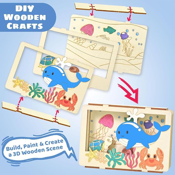 Vileafy Crafts for Kids Ages 4-8, 6-Pack Painting 3D Scene Wood Puzzles | Creative Summer Crafts, Individual Paint & Brushes, Dinosaur, Under the Sea, Animals Craft for Boys and Girls Gifts