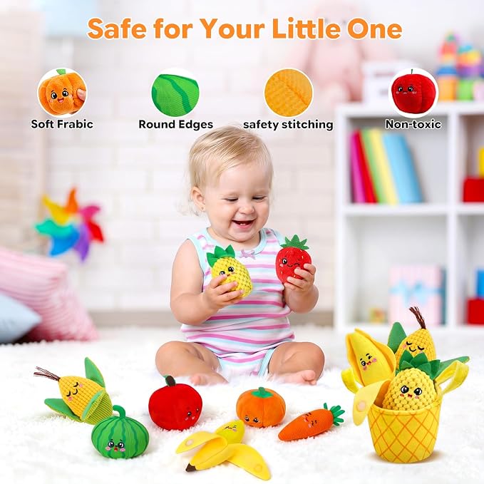 HumorPlay Montessori Baby Toys 6-12-18 Months, 12PCS Soft Fruit & Vegetable Sensory Toy Set & 4 Color Sorting Baskets, Fine Motor Skill Educational Toys for 1 Year Old Boy Girl Birthday Gifts