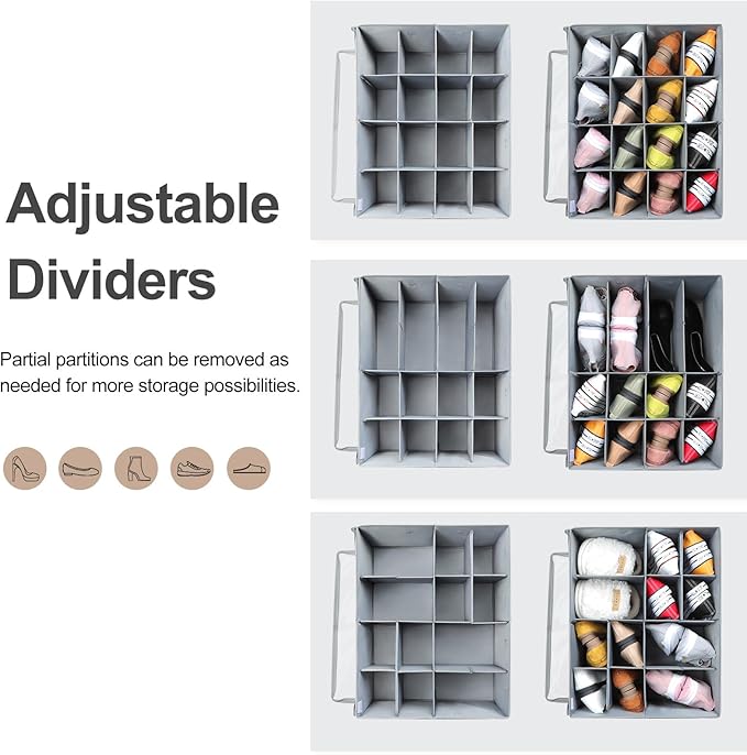 Shoe Organizer for Closet 2 Pack, Foldable Shoe Box with Adjustable Dividers and Clear Cover, Space Saving Shoe Storage Organizer Cabinet with Reinforced Handles, Fits 32 Pairs, Gray, TP12G