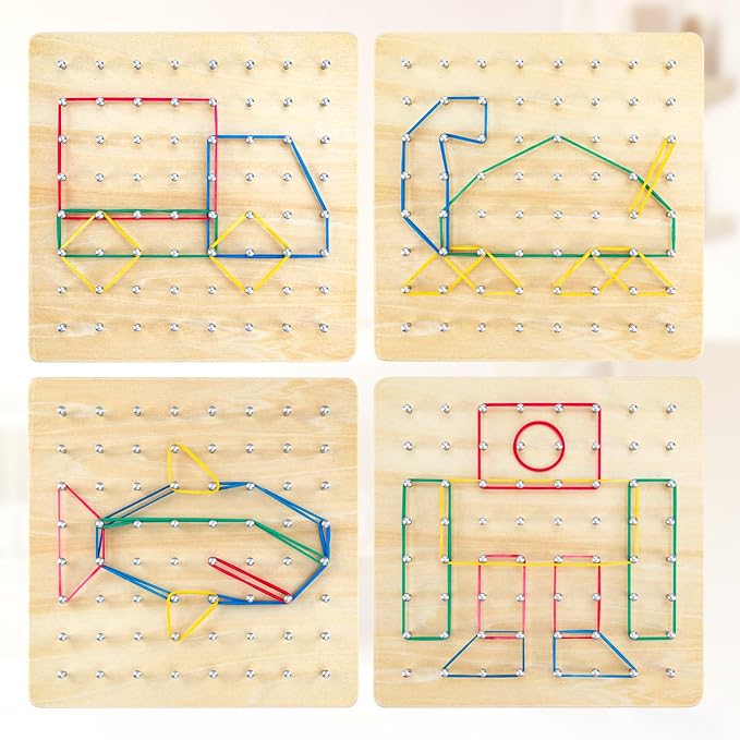 HEELWIRE Wooden Geoboard, Montessori Educational Toy for Kids with Pattern Cards and Rubber Bands to Figures and Shapes, Brain Teaser STEM Geo Board