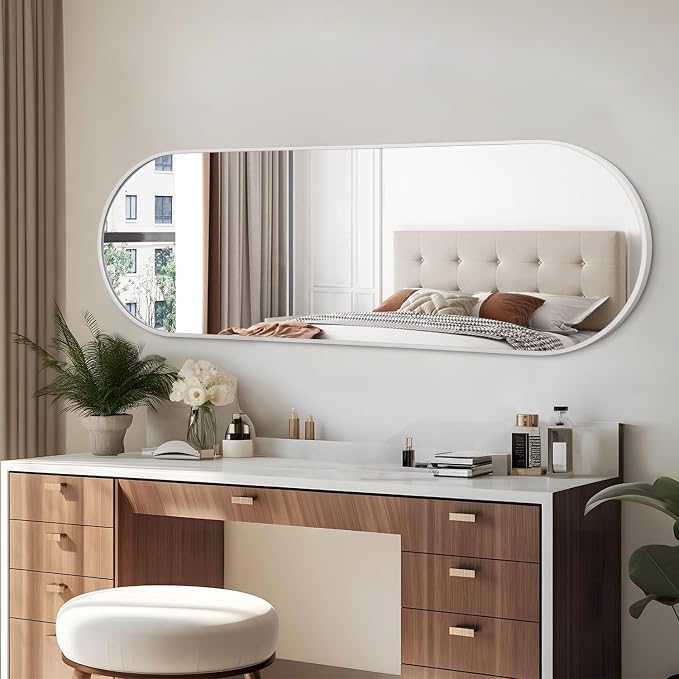 Oval Bathroom Mirror 48 x 16 Inch, Large White Full Length Mirror, Oval Pill