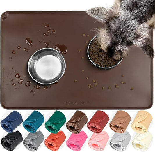 VIVAGLORY Dog Food Mat Flexmat Dog Bowl Mat, Placemat Food Tray with Raised Edges & Lip for Indoor Floor, Non Slip Waterproof Silicone Dish Placemat for Cat & Pet, L, Chocolate