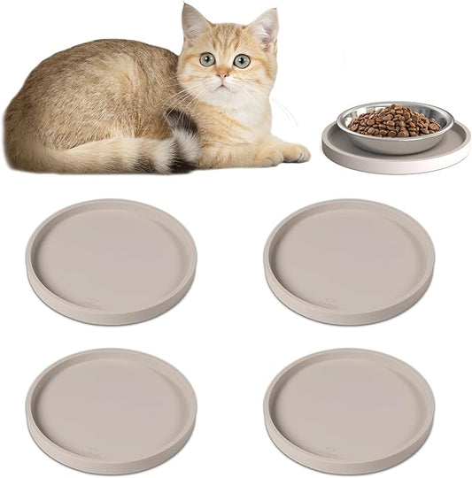 Arespark Pet Silicone Food Mat, Set of 4 Nonslip Waterproof Feeding Bowl Mat with Raised Edges for Food and Water Prevent Spills, Round Eating Tray for Dog Cat Puppy Kitten, 6'' x 6''