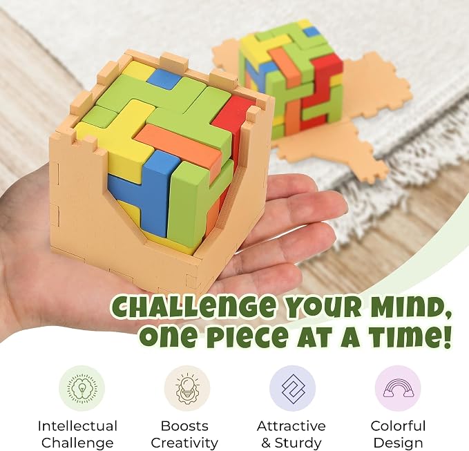 Sharp Brain Zone 3D Wooden Puzzle Cube (9Z 16T Style) | Colorful, Eco-Friendly Wooden Puzzle for Mental Stimulation, Focus, and Problem-Solving Fun | Challenging Brain Teaser for Adults and Kids