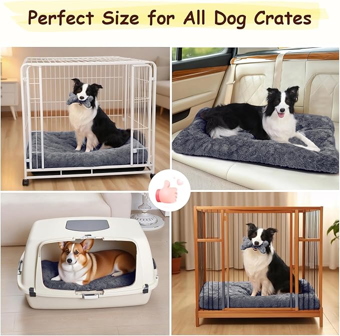 Washable Dog Bed for Small to Large Dogs, Calming Anti Anxiety Medium Dog Bed, Deluxe Plush Faux Fur Crate Beds, Comfy Fluffy Kennel Pad Pet Mat with Non-Slip Bottom, 36"x27", Dark Grey