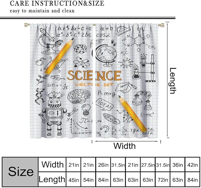 Science Symbols Kids Curtain Sketches Cartoon Chemistry Physics Geometry Education Pattern Print Window Drapes for Bedroom Living Room Kitchen Decor,2 Panel Set,52x84 Inch Blackout