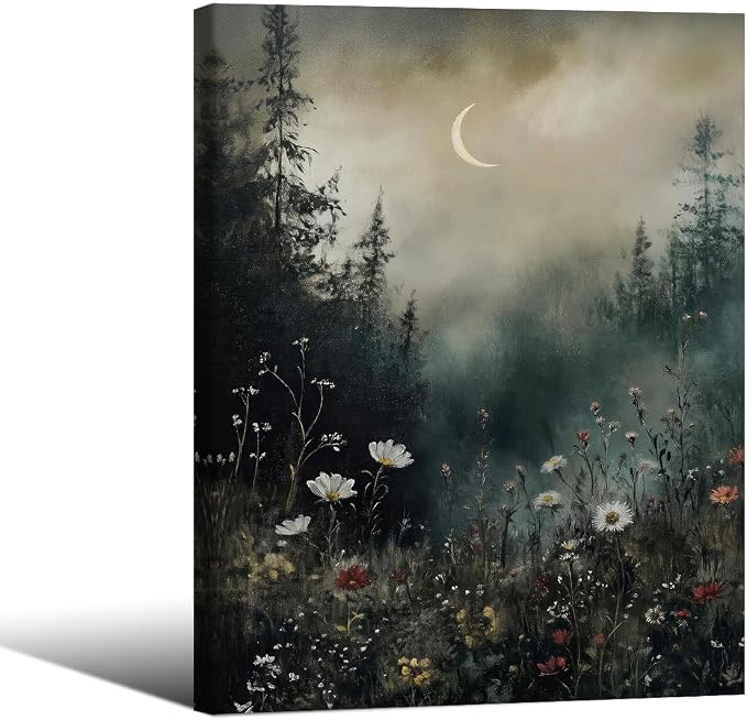 Dark Flower Field Poster Vintage Moody Academia Wall Art 12X16 inch Framed