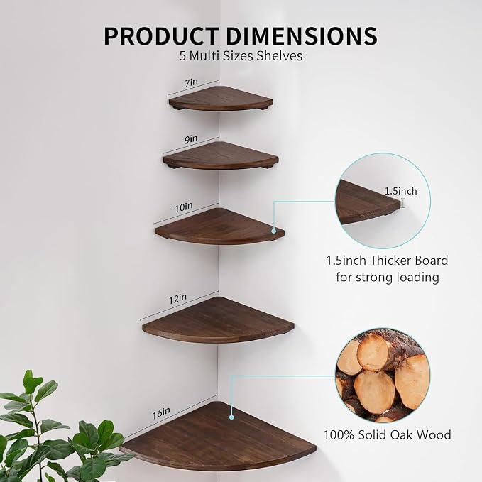 Gieanoo Corner Wall Shelf, 7inch Solid Oak Wood Floating Corner Shelf