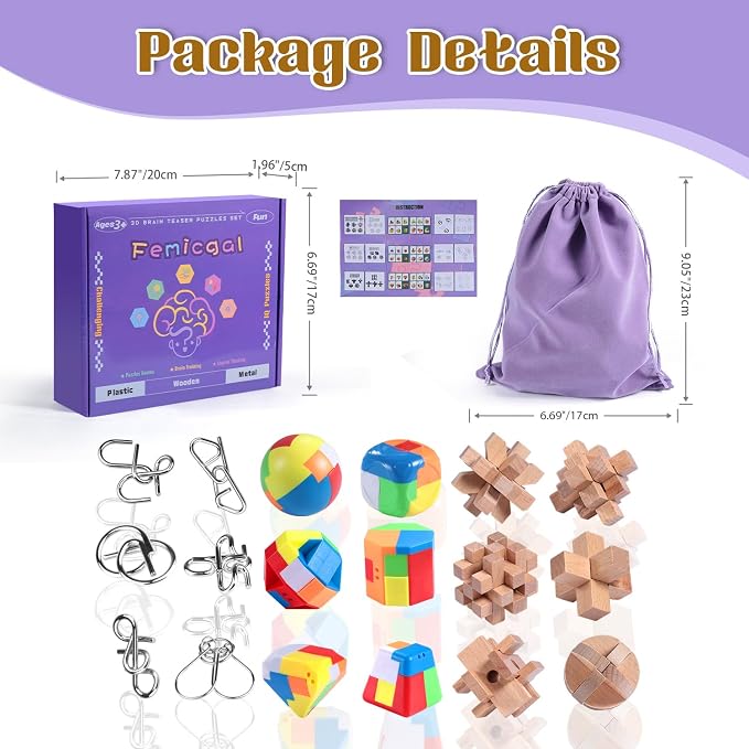 Brain Teaser Puzzles for Adults and Kids, 18Pcs Puzzle Games Set, 3D Wooden Plastic Metal Puzzle, Unlock Interlock Mind Brain Games, IQ Test Educational Toy