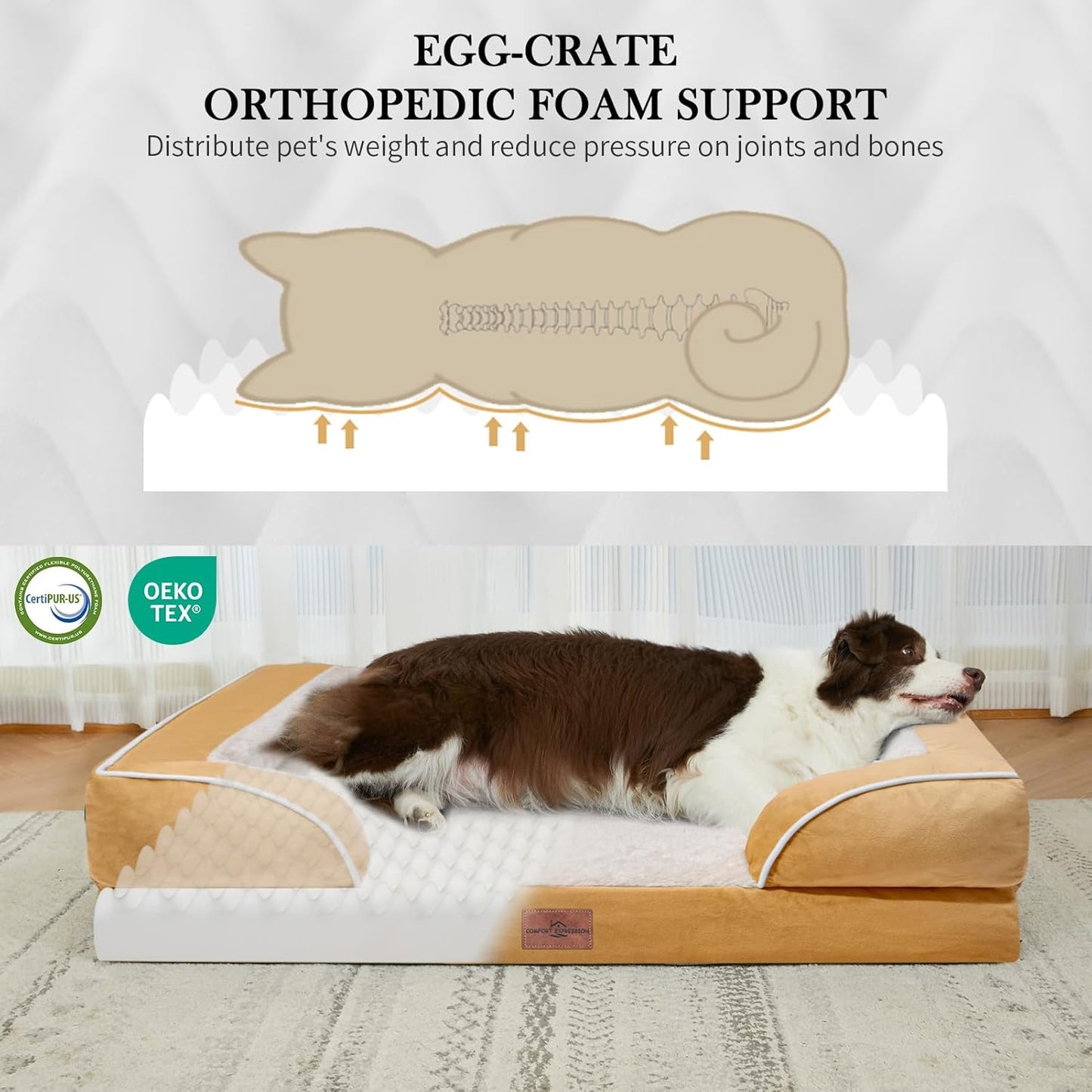 Comfort Expression XXL Orthopedic Dog Bed, Waterproof Dog Beds for Extra Large Dogs, Washable Pet Sofa Couch with Removable Cover & Non-Slip Bottom(XX-Large,Khaki)