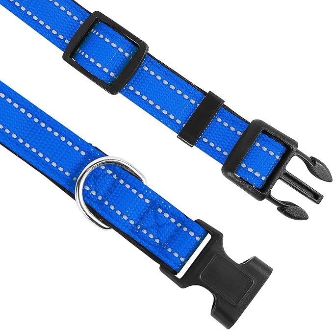Reflective Dog Collar, Adjustable Soft Neoprene Padded Nylon Pet Collars with Buckle for Small Dogs, Navy Blue,S