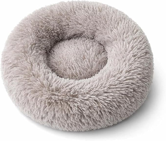 SALAN Calming Donut Dog Bed for Small Dogs and Cats, 16 Inch Round Plush Faux Fur Pet Bed, Washable Fluffy Self Warming Anti Anxiety Cuddler Bed for Puppy, Kitten, Indoor Cats (Brown)
