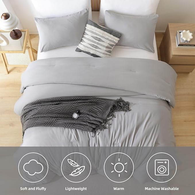 ROSGONIA King Size Comforter Set Grey, 3pcs King Comforter Set (1 Gray Comforter & 2 Pillowcases) All Season Soft Lightweight Bedspread Blanket Quilt