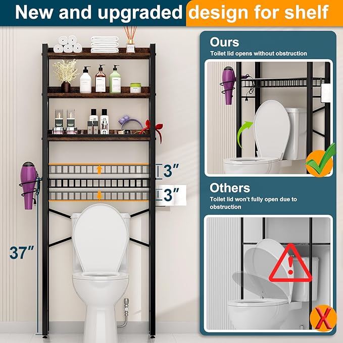 Over The Toilet Storage Cabinet,4 Tier Bathroom Organizers and Storage With Adjustable Shelf Waterproof Feet Pad and Basket ,Multifunctional Space Saver Freestanding Bathroom Shelves With Dividers