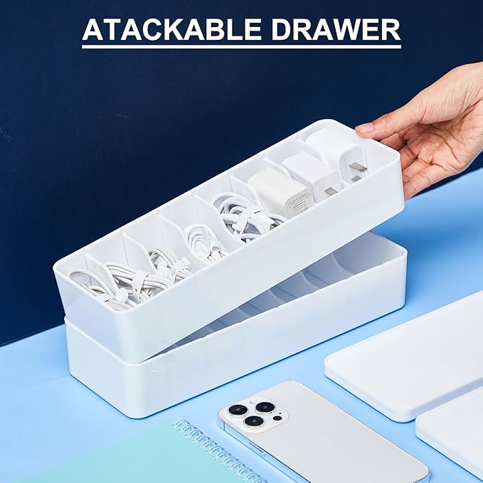 Tatuo 4 Pcs Cable Organizer Box with Wire Ties, Plastic Cord Storage Box with Lid, Electronics Organizer for Home Office Desk Organizers and Accessories (White)
