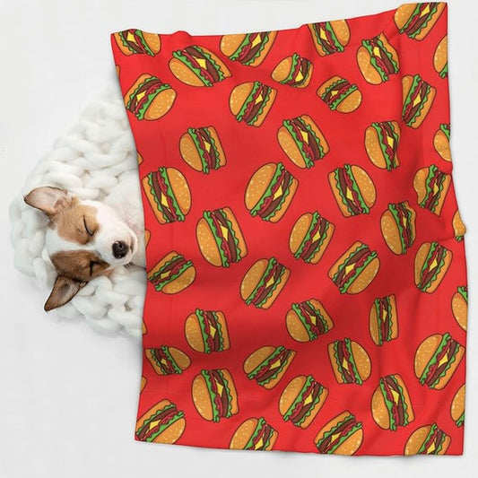 Double Sided Plush Pet Blanket with Cozy Dot Texture and Smooth Reverse, Burger Hamburger Pattern Red, Reversible Throw for Dogs Cats on Couches Beds Crates