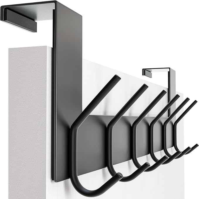 SKOLOO Over The Door Hook - 6 Hooks, No Assembly Required, Stainless Steel Door Hooks, Over Door Coat Rack for Hanging Coats Clothes Hats Robes, Black