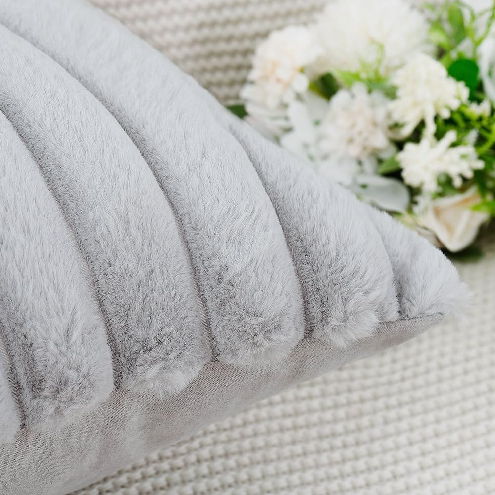 MADIZZ Set of 2 Faux Wool Plush Decorative Throw Pillow Covers 22x22 Inch Light Grey Fluffy Striped Soft Decorative Cushion Cover for Sofa Bedroom Pillow Shell