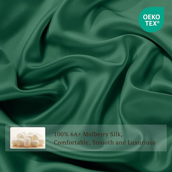 THXSILK 100% Pure Mulberry Silk Duvet Cover Set 3 Piece, 6A+ Grade Luxury Soft Bedding Silk Sheets for Hair and Skin, 1 Pcs Quilt/Comforter Cover with 2 Zippered Pillowcases (Emerald Green, Full)