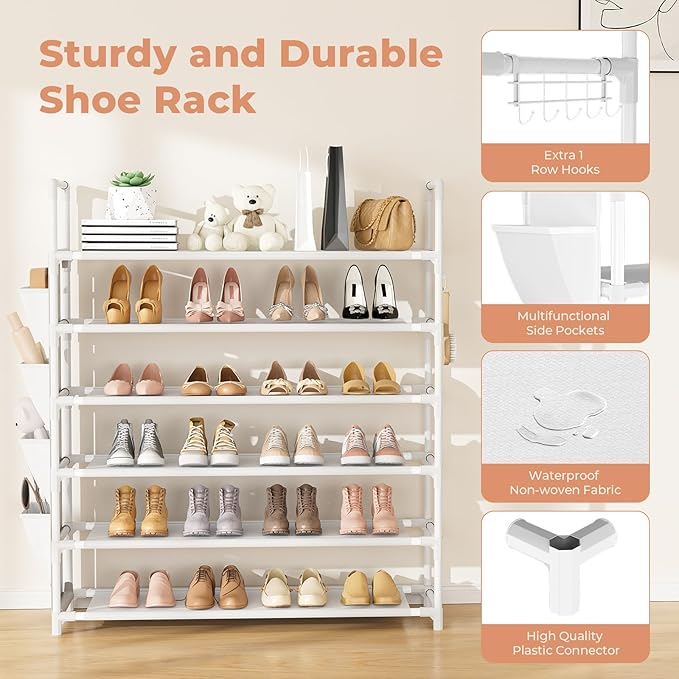 6 Tier Shoe Rack Storage for 24-30 Pairs Shoe and Boot, Shoe Organizer with Hook and Side Pocket Free Standing Long Shoe Shelf Tall Shoe Rack Organizer for Closet, Entryway, Dorm, White