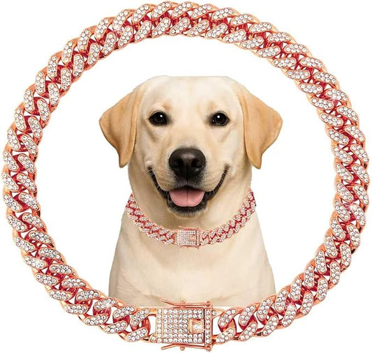 Dog Collar Cuban Link Rose Glod Crystal Dog Necklace Metal Chain Collar with Design Secure Buckle Pet Collar Jewelry Accessories for Small Medium Large Dogs Cats(Rose Glod 8inch)