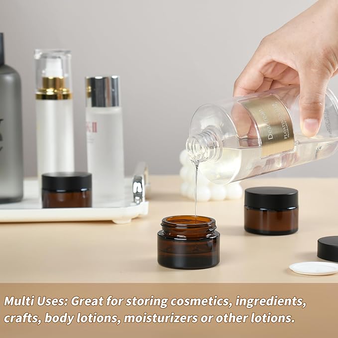 1 oz Reusable Amber Glass Container Jars 24 Pack with Wide-mouth Leak Proof Cap and Inner Pull-On Lid for Travel Storage Makeup, Face Creams, Body Lotions, DIY Crafts or Others