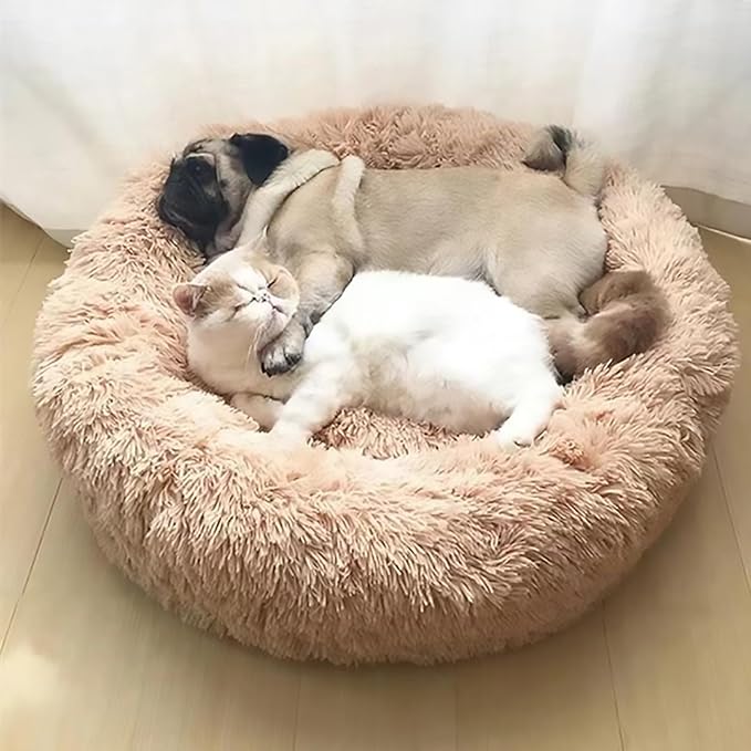 Calming Dog Bed for Small Dogs, Calming Donut Cuddler Pet Bed Anti Anxiety Round Dog Bed Fluffy Plush Faux Fur Cat Bed,Gradient Grey,27.5IN