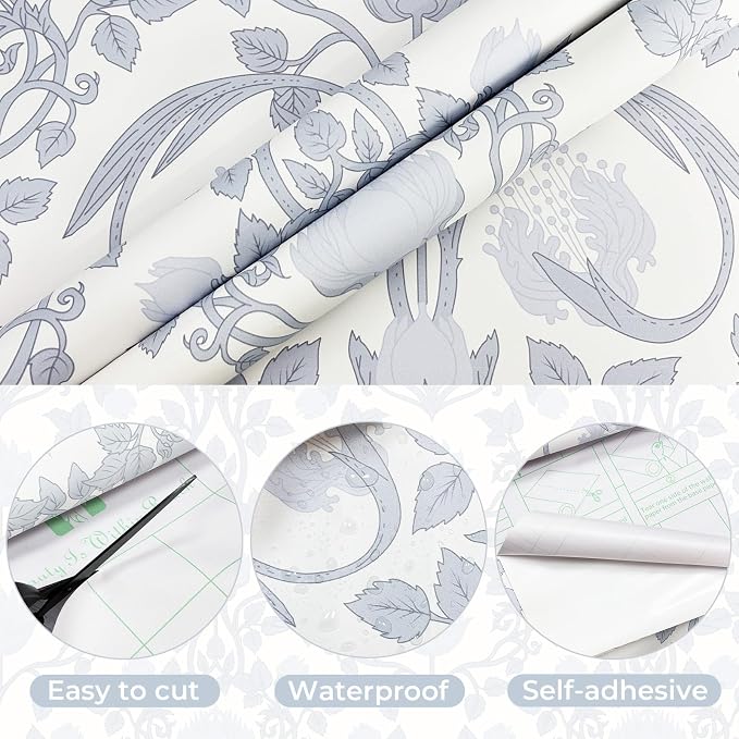 YXTII 17.3" × 393.7" Blue Floral Peel and Stick Wallpaper, Damask Vintage