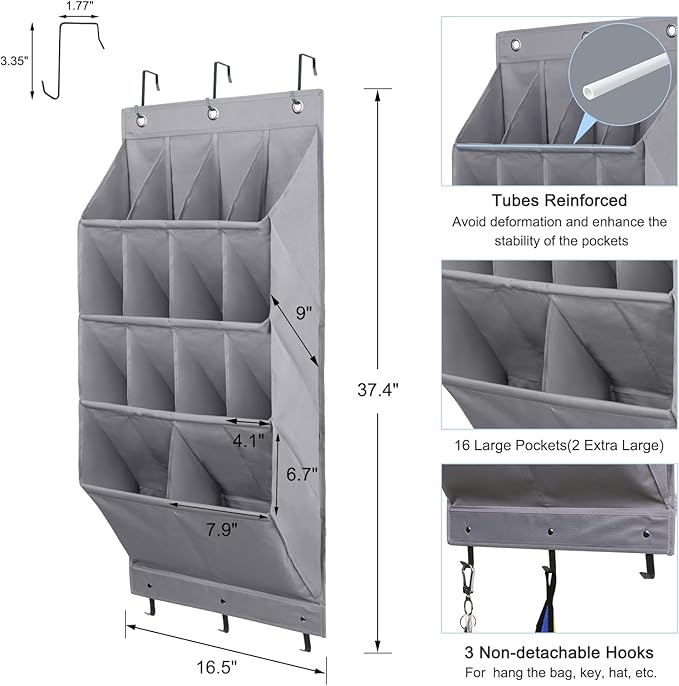 FENTEC 2 Pack Over the Door Shoe Organizer, Hanging Shoe Organizer Rack,24 Large Pockets and 4 Larger Storage Various Compartments with 6 Hooks, Home Accessories, Grey