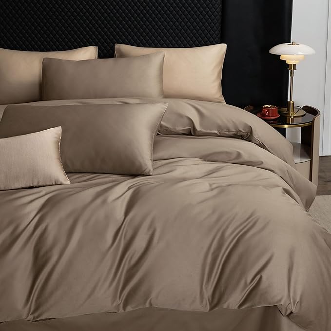 MooMee Duvet Cover Set 100% Extra Long Staple Cotton 600 Thread Count Silky Sateen Smooth Luxury Soft Breathable Durable Hotel Quality Bedding, 3 Piecess (Mocha Brown, Oversized King 120"x98")