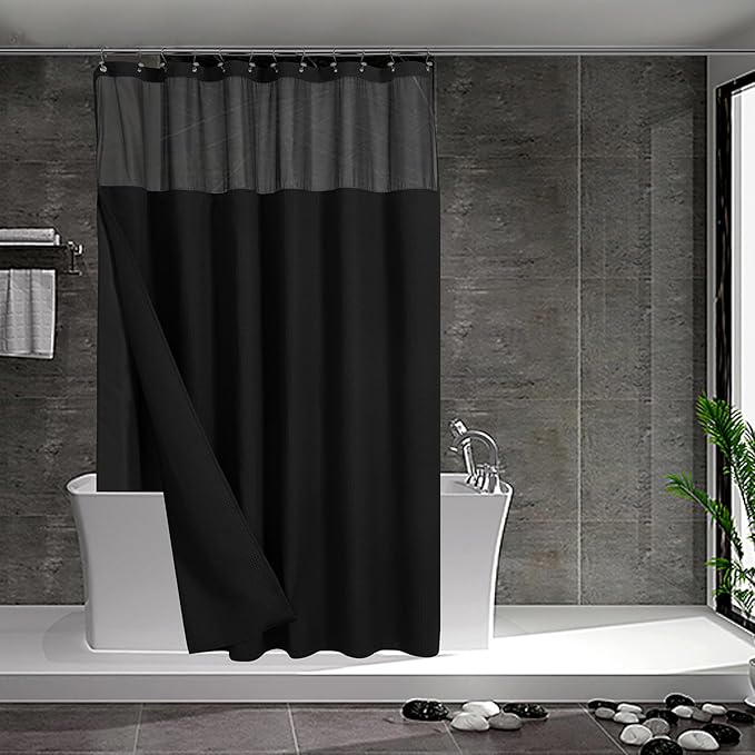 N&Y HOME Extra Long Waffle Weave Shower Curtain with Snap-in Fabric Liner Set, 12 Black Hooks Included - 71" x 84", Hotel Style, Mesh Top Window, Machine Washable & Water-Repellent - 71x84, Black
